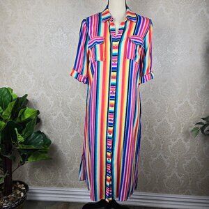 C Size Small Midi Length Multi Color Striped Dress Pockets Belt Button Front